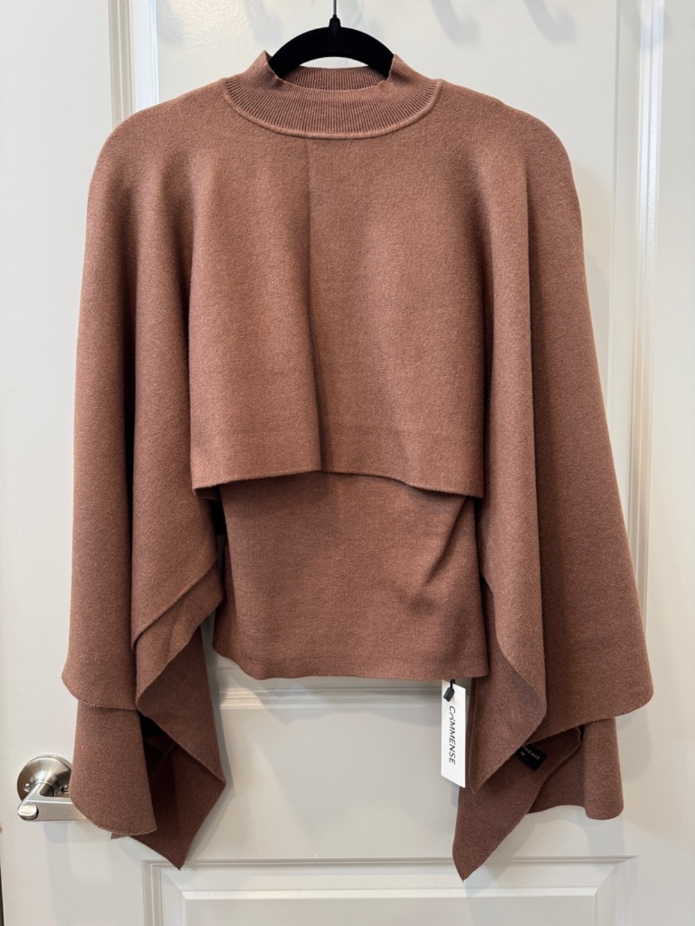 Commense Draped Mock Neck Poncho Sweater in Brown